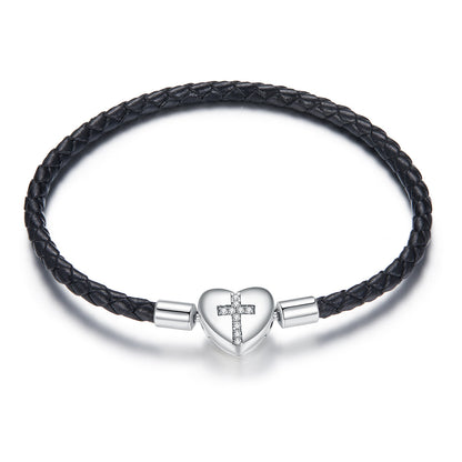925 Sterling Silver Leather 17cm Bracelet with Oxidized CZ for Women