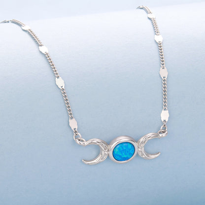 925 Sterling Silver White Gold Plated Synthetic Opal 40+5cm Pendant Necklace for Women