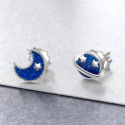 925 Sterling Silver Earrings for Women - Enamel Moon and Sun Design, 0.7x0.6cm, 0.6x0.8cm