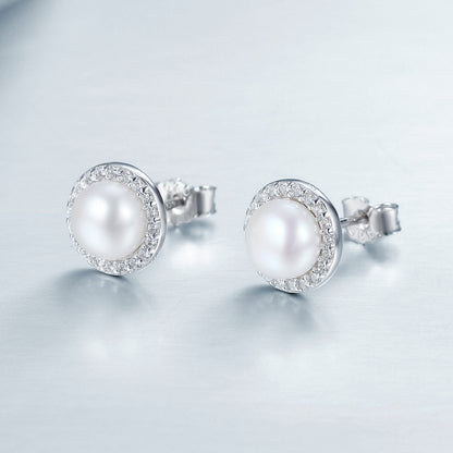 925 Sterling Silver Freshwater Pearl Earrings with CZ for Women