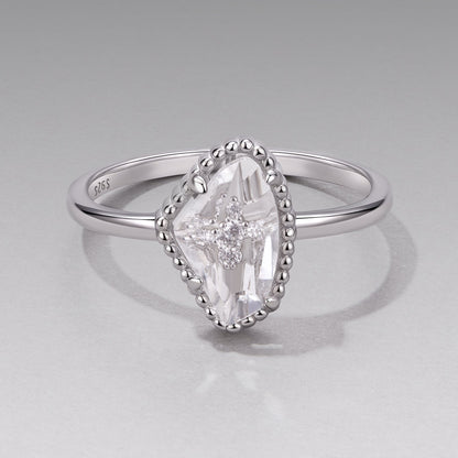 925 Sterling Silver Ring with Transparent Glass and CZ, 0.15cm Width, for Women