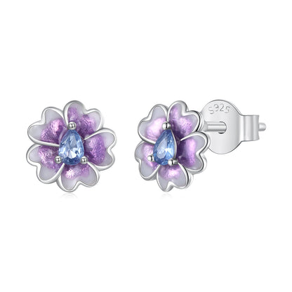 925 Sterling Silver Earrings with Pavé CZ and Enamel Process, 0.8cm, White Gold Plated for Women