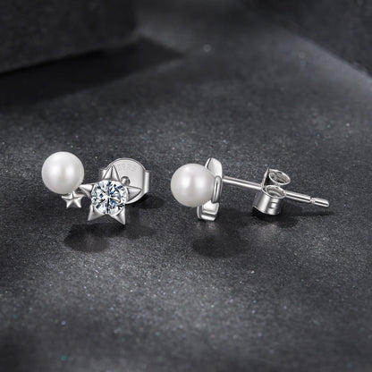 925 Sterling Silver 0.20 Carat Moissanite Earrings with Synthetic Pearl for Women
