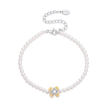 925 Sterling Silver White Gold Plated Nacre Synthetic Pearl CZ 16+5cm Bracelet for Women