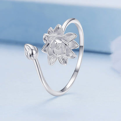 925 Sterling Silver Adjustable Flower Ring for Women