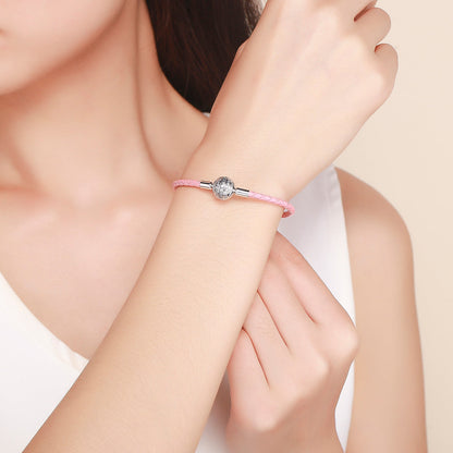 925 Sterling Silver Pavé Setting CZ Bracelet with Genuine Leather for Women