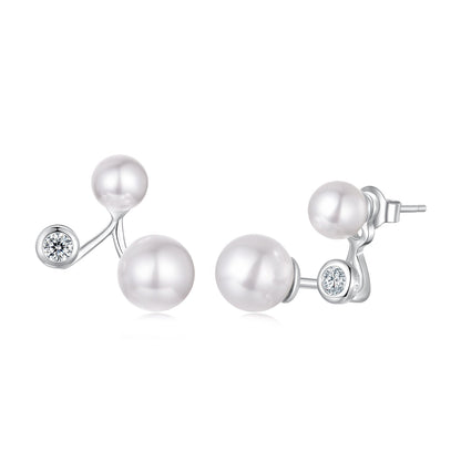 925 Sterling Silver Earrings with CZ and Synthetic Pearl, 1.7cm, White Gold Plated for Women