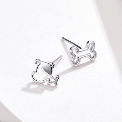 925 Sterling Silver Earrings for Women, 0.5-0.6cm, Bone and Dog Design, Platinum Plated