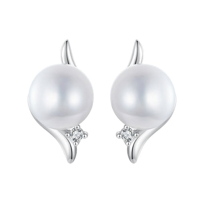 925 Sterling Silver Natural Pearl & CZ Earrings Plated in Platinum