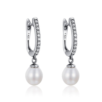 925 Sterling Silver Freshwater Pearl Earrings with Pavé Setting CZ for Women