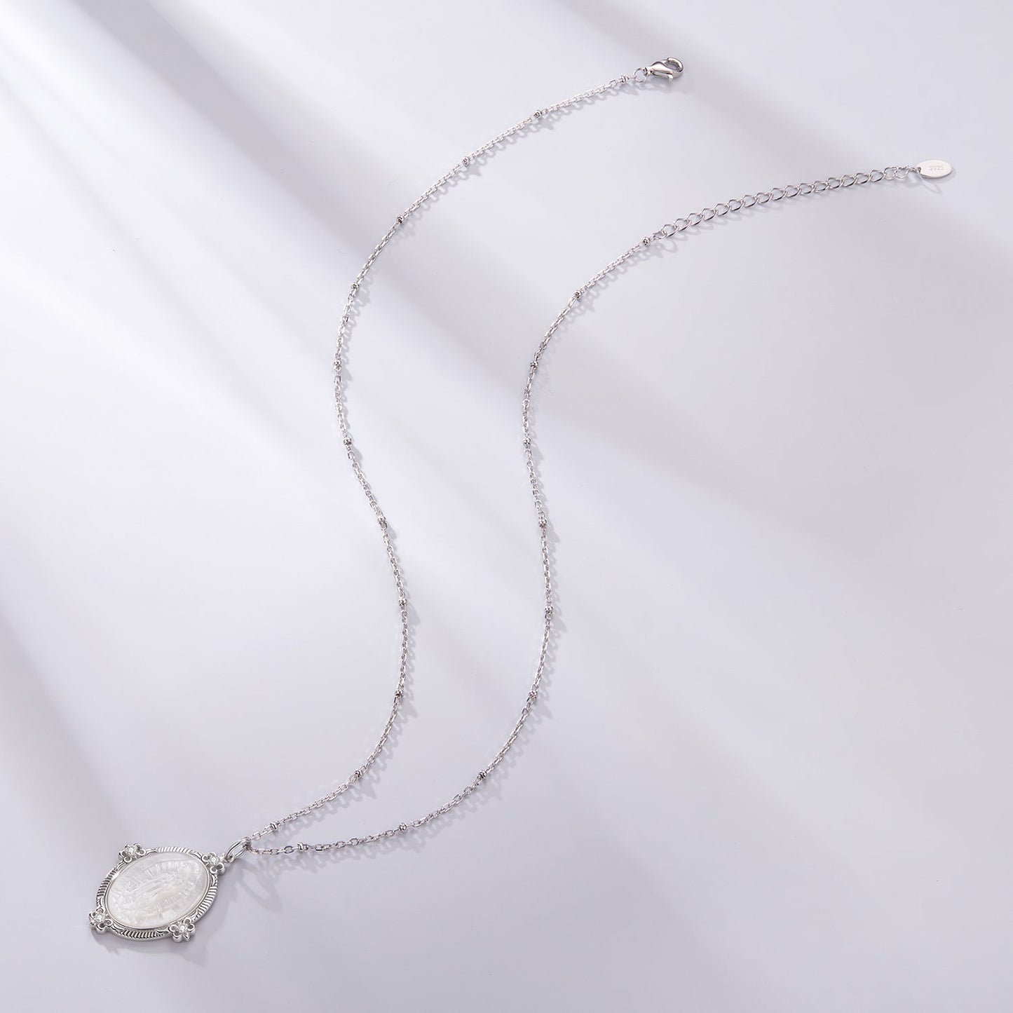 925 Sterling Silver Necklace with White Gold Plating, 40+5cm Length, CZ & Mother of Pearl Pendant for Women