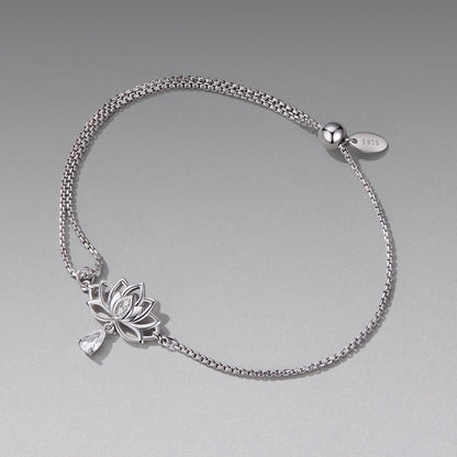 925 Sterling Silver Adjustable Chain Bracelet with White Gold Plating and CZ for Women