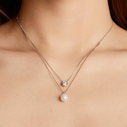925 Sterling Silver Moissanite & Quality Shell Pearl Necklace for Women - 40+5cm, White Gold Plated