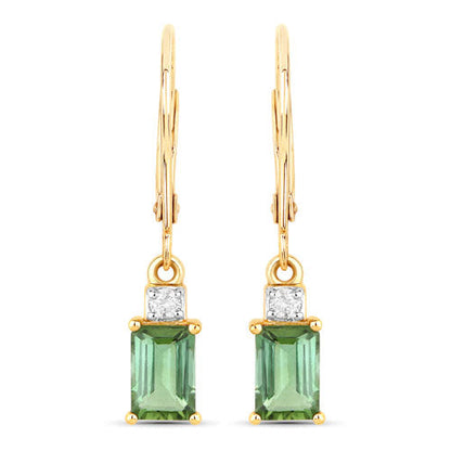 1.28 Carat Genuine Green Tourmaline and White Diamond 14K Yellow Gold Earrings