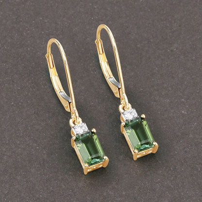 1.28 Carat Genuine Green Tourmaline and White Diamond 14K Yellow Gold Earrings