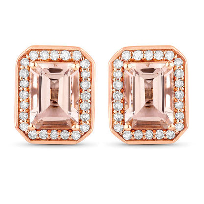 1.82 Carat Genuine Morganite and White Diamond 14K Rose Gold Earrings