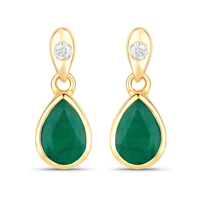 1.35 Carat Genuine Zambian Emerald and White Diamond 14K Yellow Gold Earrings