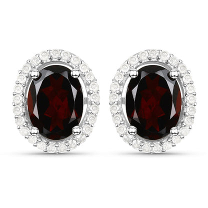 2.77 Carat Genuine Garnet and White Diamond .925 Sterling Silver Earrings