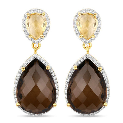 21.12 Carat Genuine Smoky Quartz, Citrine and White Topaz .925 Sterling Silver Earrings