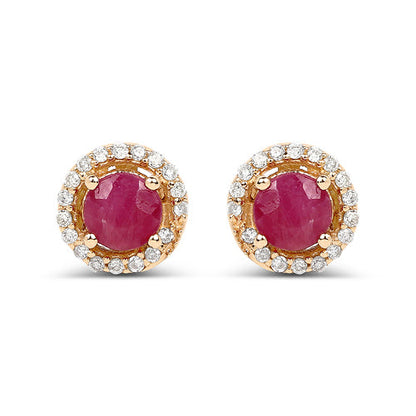 0.71 Carat Genuine Ruby and White Diamond 14K Yellow Gold Earrings