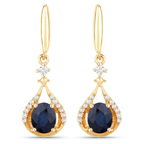 0.86 Carat Genuine Blue Sapphire and White Diamond 14K Yellow Gold Earrings