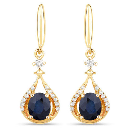 0.86 Carat Genuine Blue Sapphire and White Diamond 14K Yellow Gold Earrings