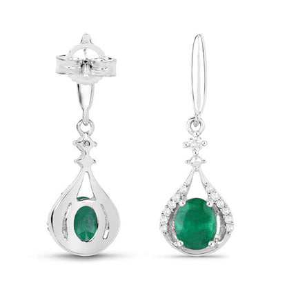 0.70 Carat Genuine Zambian Emerald and White Diamond 14K White Gold Earrings