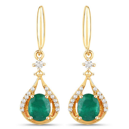 0.70 Carat Genuine Zambian Emerald and White Diamond 14K Yellow Gold Earrings