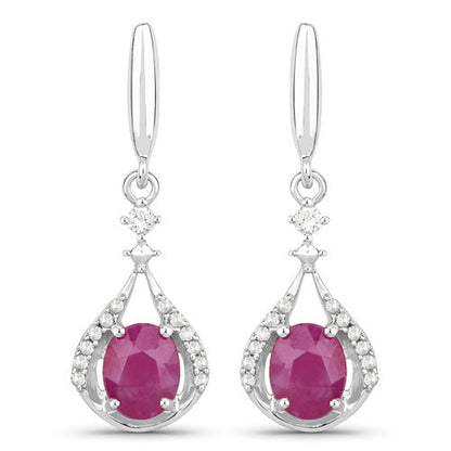 0.70 Carat Genuine Ruby and White Diamond 14K White Gold Earrings