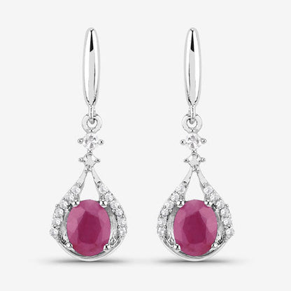 0.70 Carat Genuine Ruby and White Diamond 14K White Gold Earrings
