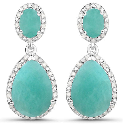 9.64 Carat Genuine Emerald and White Diamond .925 Sterling Silver Earrings