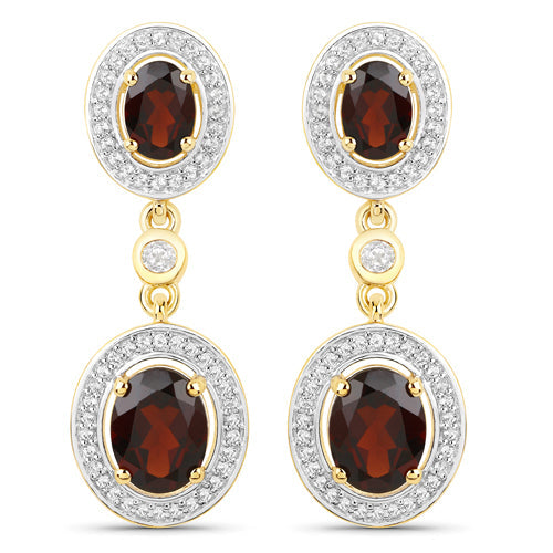 18K Yellow Gold Plated 6.30 Carat Genuine Garnet and White Topaz .925 Sterling Silver Earrings