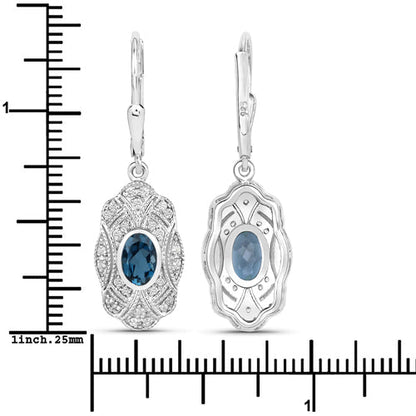 1.32 Carat Genuine London Blue Topaz and White Topaz .925 Sterling Silver Earrings