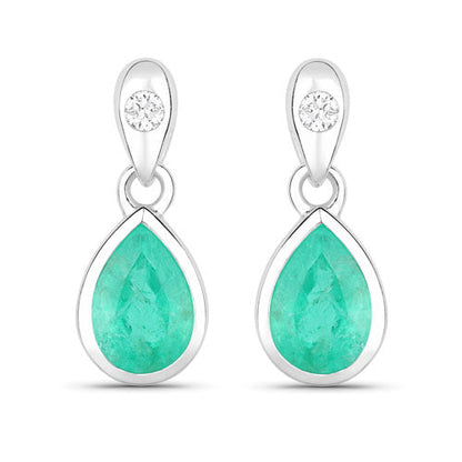 1.35 Carat Genuine Zambian Emerald and White Diamond 10K White Gold Earrings