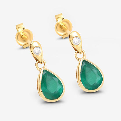 1.35 Carat Genuine Zambian Emerald and White Diamond 10K Yellow Gold Earrings