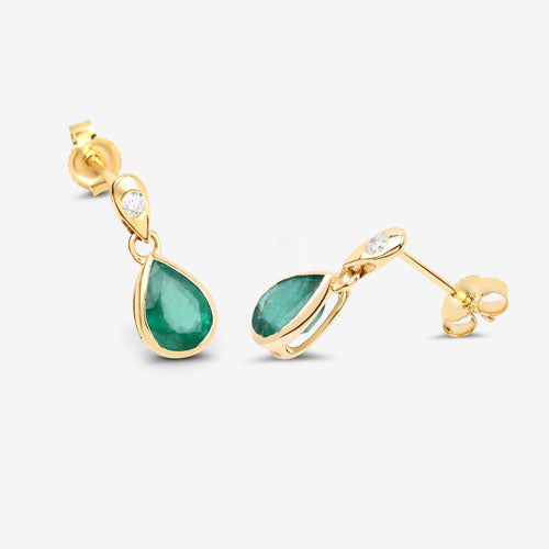 1.35 Carat Genuine Zambian Emerald and White Diamond 10K Yellow Gold Earrings