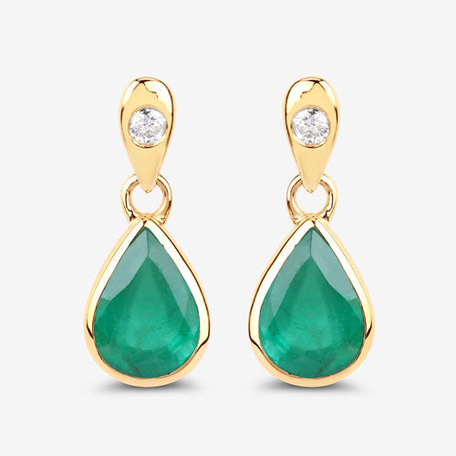 1.35 Carat Genuine Zambian Emerald and White Diamond 10K Yellow Gold Earrings
