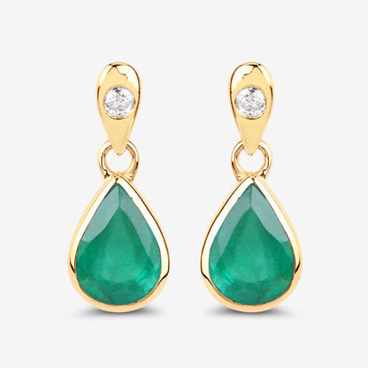1.35 Carat Genuine Zambian Emerald and White Diamond 10K Yellow Gold Earrings