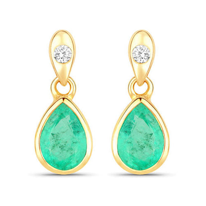 1.35 Carat Genuine Zambian Emerald and White Diamond 14K Yellow Gold Earrings