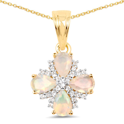 14K Yellow Gold Plated 1.19 Carat Genuine Ethiopian Opal and White Topaz .925 Sterling Silver Pendant