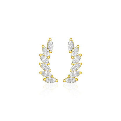 14k Yellow Gold Leaf Motif Climber Post Earrings with Marquise Cubic Zirconias