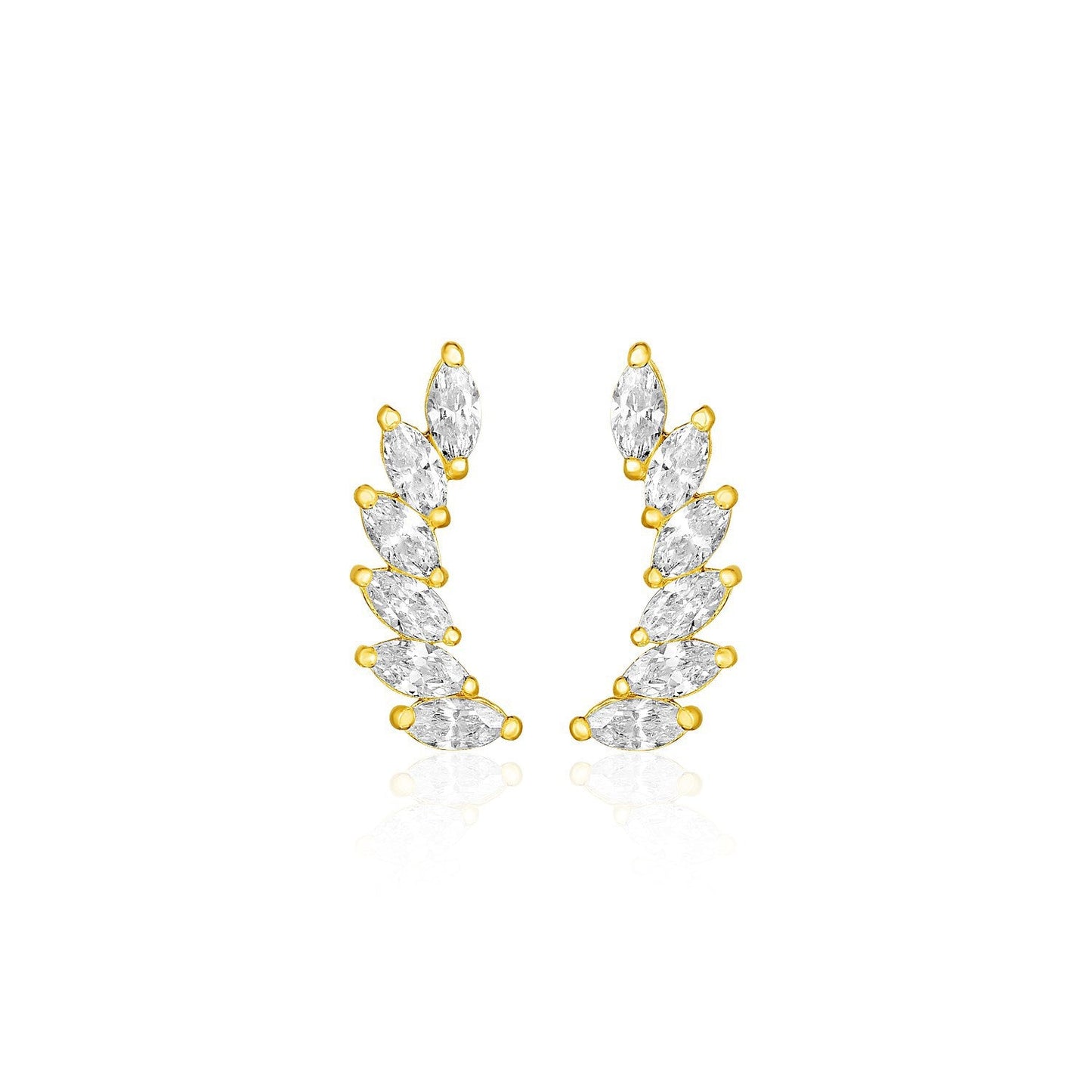 14k Yellow Gold Leaf Motif Climber Post Earrings with Marquise Cubic Zirconias