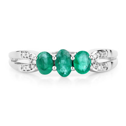 0.53 Carat Genuine Zambian Emerald and White Diamond 14K White Gold Ring
