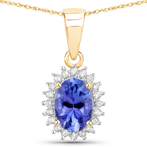 0.86 Carat Genuine Tanzanite and White Diamond 14K Yellow Gold Pendant