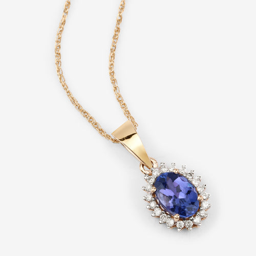 0.86 Carat Genuine Tanzanite and White Diamond 14K Yellow Gold Pendant