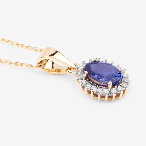 0.86 Carat Genuine Tanzanite and White Diamond 14K Yellow Gold Pendant