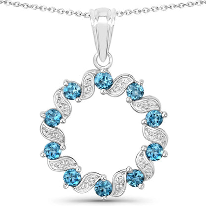 1.50 Carat Genuine London Blue Topaz and White Topaz .925 Sterling Silver Pendant
