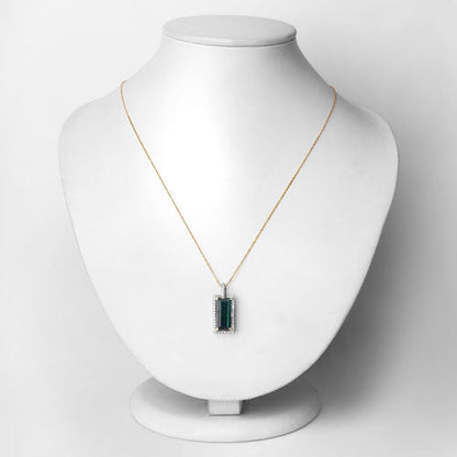 4.28 Carat Genuine Green Tourmaline and White Diamond 14K Yellow Gold Pendant