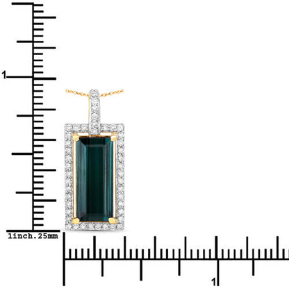 4.28 Carat Genuine Green Tourmaline and White Diamond 14K Yellow Gold Pendant