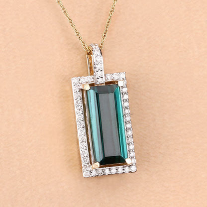 4.28 Carat Genuine Green Tourmaline and White Diamond 14K Yellow Gold Pendant